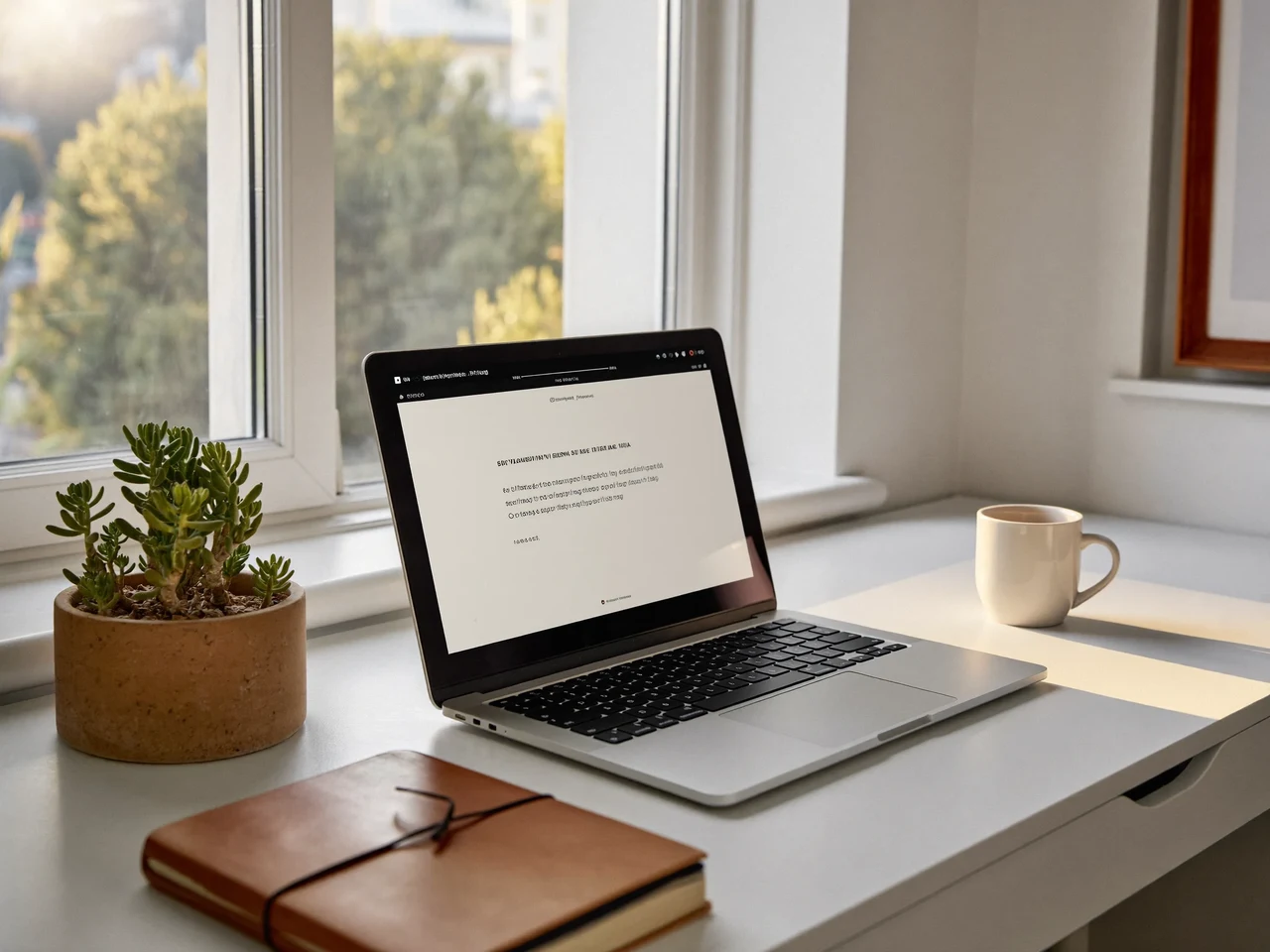 Coin d'étude lumineux près d'une fenêtre, avec ordinateur, plante, carnet et tasse