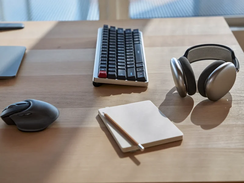 Bureau de développeur vu du dessus : clavier, souris, casque et carnet